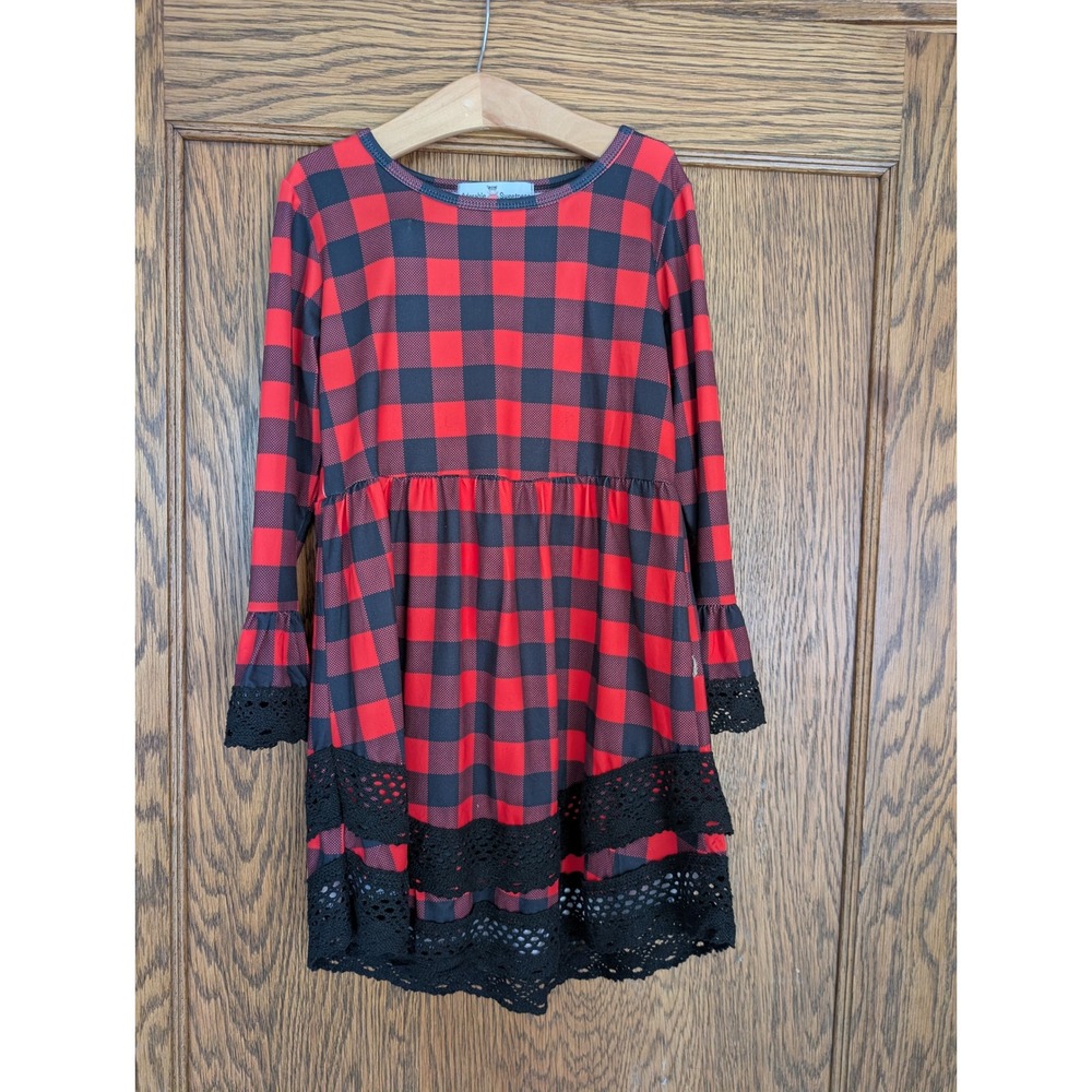 Adorable Sweetness Girls Red Black Buffalo Plaid Lace Trim High Low Dress Size 7